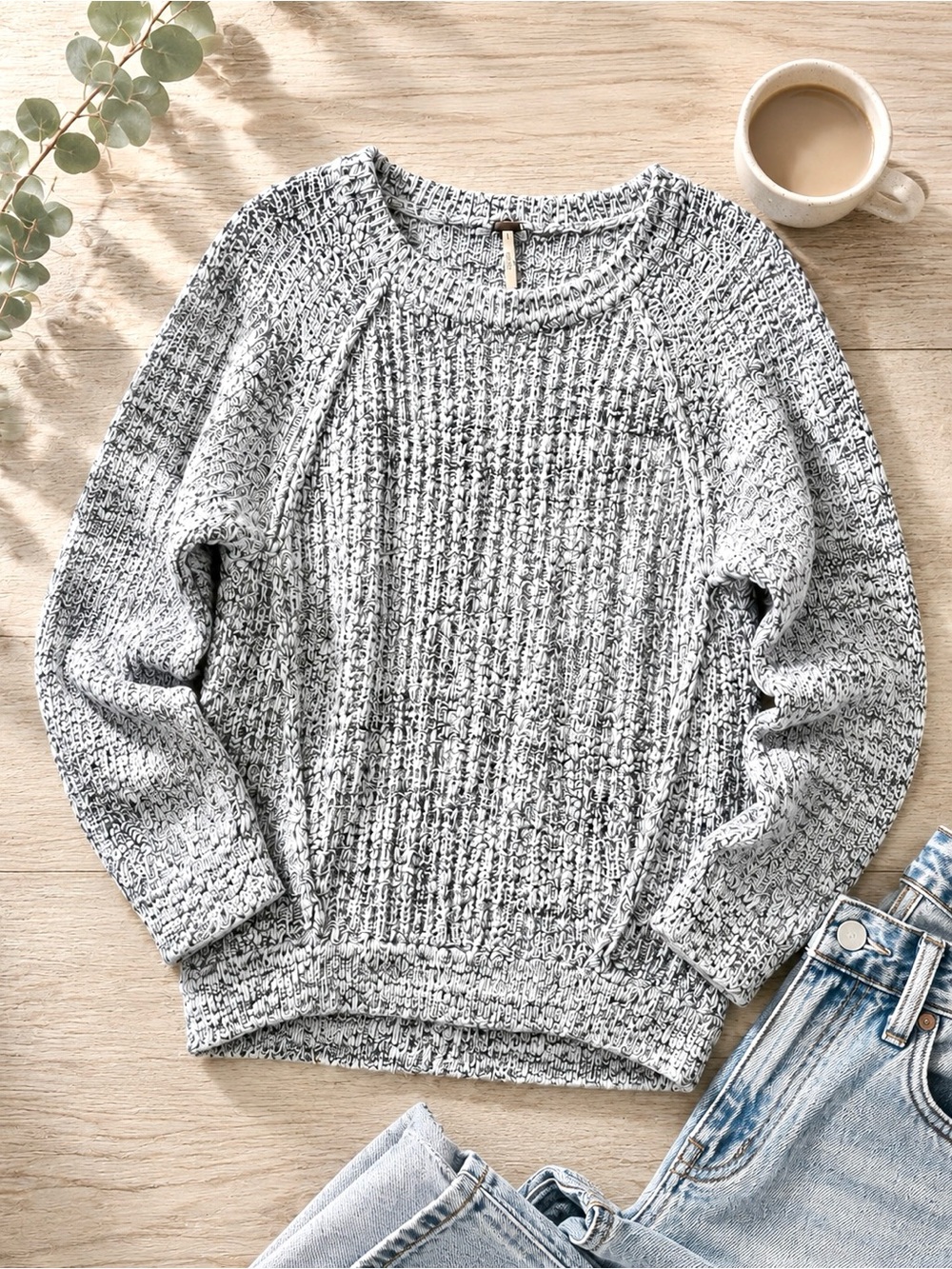 Free People Marled Knit Sweater Heather Gray Cozy Pullover Size Medium